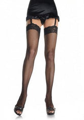 Fishnet Thigh High Stockings with Lace Top One Size Black Black Hosiery